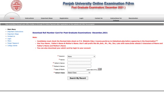 PUCHD Admit Card 2021 | PU UG | PG Re-Appear Exam @http://pgexam.puchd.ac.in/USOLAdmitCard.aspx