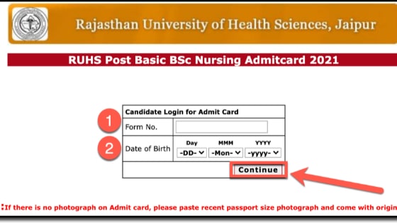 RUHS Nursing Entrance Admit Card